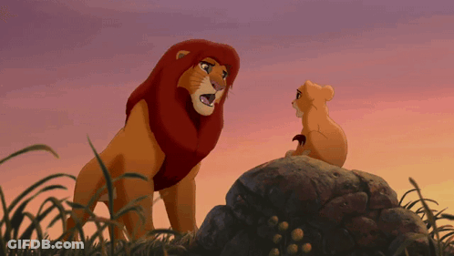 A Lion And A Cub Are Standing On A Rock In The Grass GIF