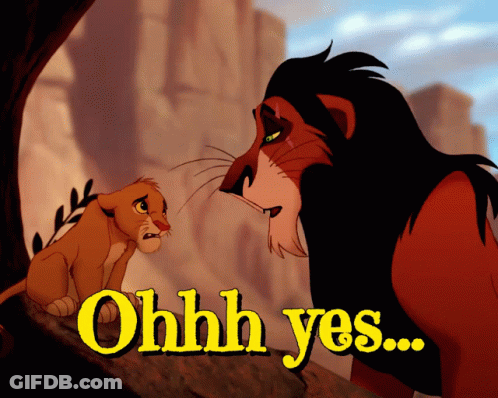 A Lion And A Cub Looking At Each Other With The Words Ohhh Yes GIF