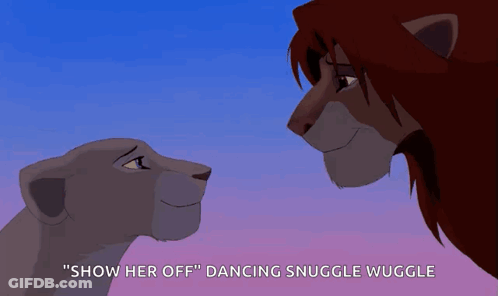 A Lion And A Lioness Are Looking At Each Other And The Lioness Is Saying " Show Her Off " GIF