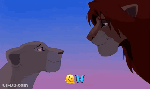 A Lion And A Lioness Are Looking At Each Other With A Butterfly And A Smiley Face In The Foreground GIF