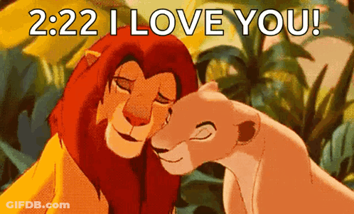 A Lion And A Lioness From The Lion King Hugging With The Words 2:22 I Love You GIF