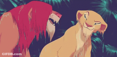 A Lion And A Lioness From The Movie The Lion King Are Standing Next To Each Other In The Rain . GIF