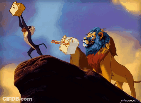 A Lion And A Monkey From The Lion King Are Standing On A Rock Holding A Piece Of Cake GIF