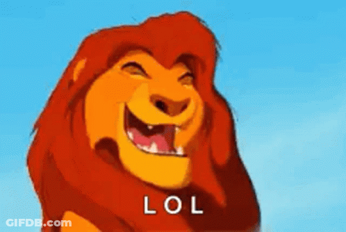 A Lion From The Lion King Is Laughing With Its Mouth Open And The Word LOL Written Below It . GIF