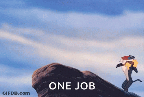 A Lion King Cartoon Character Is Standing On Top Of A Rock With The Words `` One Job '' Written On The Bottom . GIF