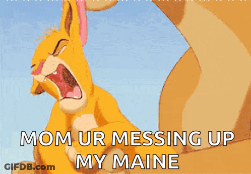A Lion Licking Another Lion With The Words Mom Ur Messing Up My Maine On The Bottom GIF