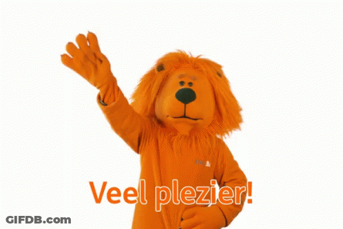 A Lion Mascot Says Veel Plezier In Orange GIF