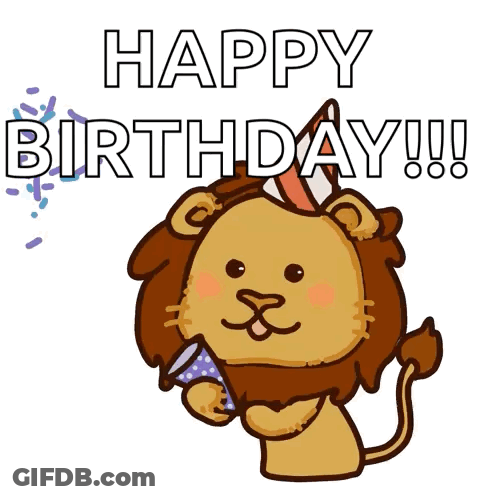 A Lion Wearing A Party Hat Is Holding A Confetti Cannon And Says Happy Birthday GIF