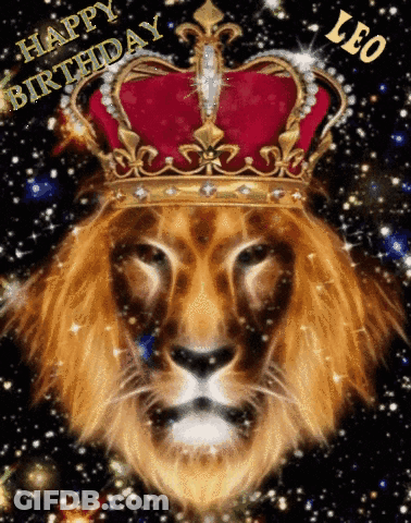 A Lion Wearing A Red And Gold Crown With The Words Happy Birthday Leo GIF
