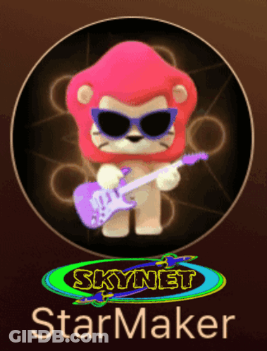 A Lion Wearing Sunglasses Is Holding A Purple Guitar With The Words Skynet Starmaker Below It GIF