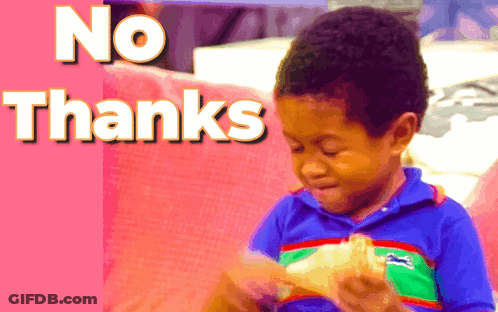 A Little Boy Eating A Sandwich With The Words " No Thanks " Behind Him GIF