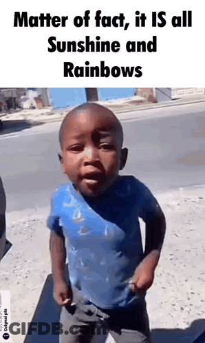 A Little Boy In A Blue Shirt Is Standing On The Side Of The Road With A Caption That Says Matter Of Fact GIF