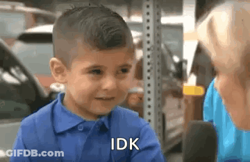 A Little Boy In A Blue Shirt Is Talking To A Woman . GIF