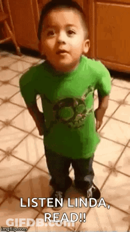 A Little Boy In A Green Shirt Is Standing On A Tiled Floor And Says `` Listen Linda , Read ! '' GIF