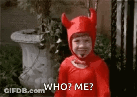 A Little Boy In A Red Devil Costume Is Asking Who ? Me ? GIF