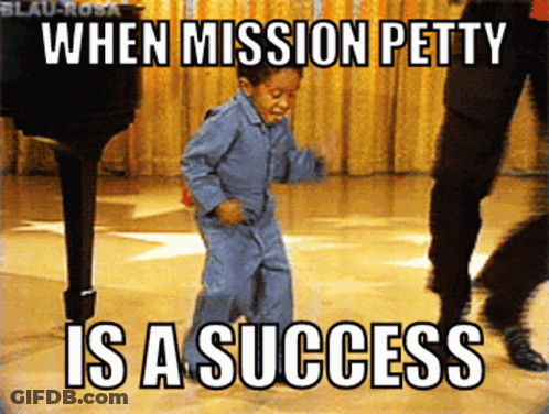 A Little Boy Is Dancing In Front Of A Piano With A Caption That Says When Mission Petty Is A Success GIF