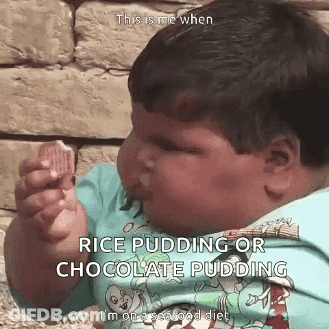 A Little Boy Is Eating Rice Pudding Or Chocolate Pudding . GIF