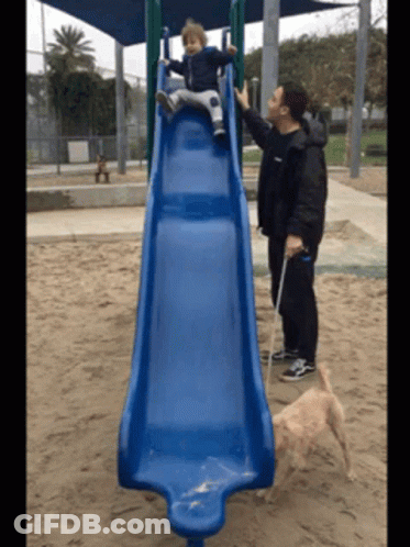 A Little Boy Is Going Down A Blue Slide While A Man Looks On GIF