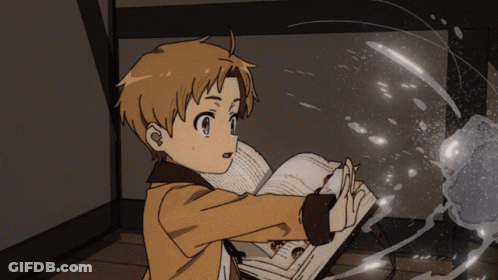 A Little Boy Is Holding A Book And Looking At Something GIF