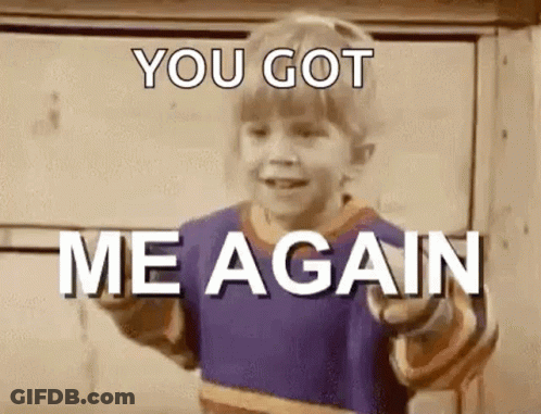 A Little Boy Is Pointing At The Camera And Says `` You Got Me Again '' . GIF