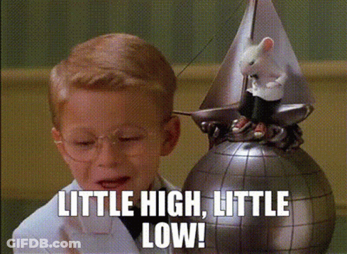 A Little Boy Is Standing Next To A Model Of A Mouse On Top Of A Globe With The Words Little High Little Low Written On I GIF