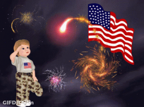 A Little Boy Salutes In Front Of An American Flag And Fireworks GIF