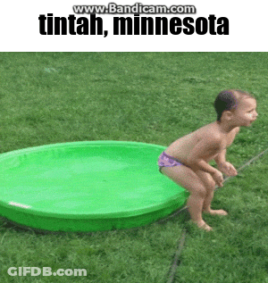 A Little Boy Squatting Next To A Green Pool That Says Tintah Minnesota On The Top GIF