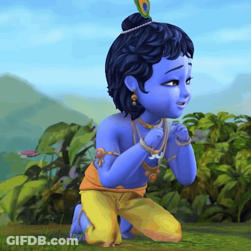 A Little Boy With Blue Hair And A Peacock Feather On His Head Is Kneeling Down GIF