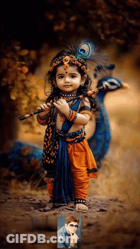 A Little Girl Dressed In A Costume Of Krishna Holding A Flute GIF