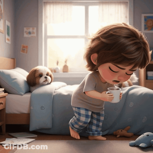A Little Girl Drinks From A Cup In A Bedroom GIF
