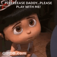 A Little Girl From Despicable Me Is Wearing A Tiara And Saying Please Play With Me . GIF