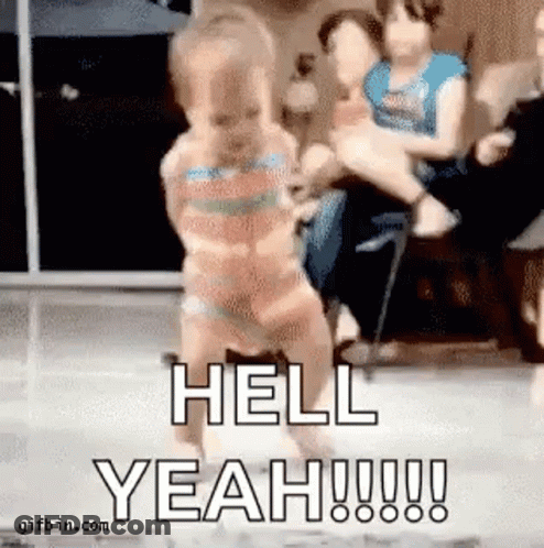 A Little Girl In A Bikini Is Dancing On A Stage With The Words `` Hell Yeah ! '' GIF