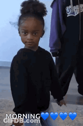A Little Girl In A Black Sweater Is Holding Hands With A Man In A Purple Jacket And The Words Morning Above Her GIF