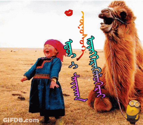A Little Girl In A Blue Dress Stands Next To A Camel With Foreign Writing On It GIF