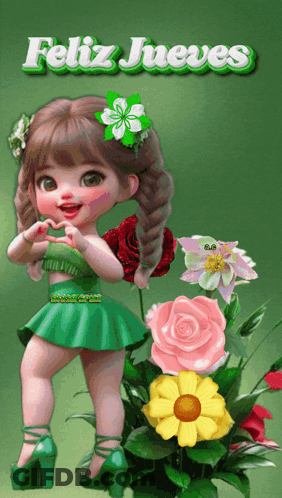 A Little Girl In A Green Dress Is Surrounded By Flowers And The Words Feliz Jueves Above Her GIF