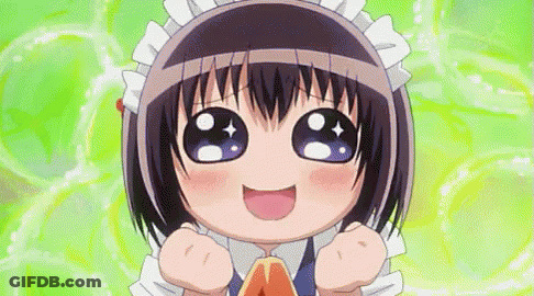 A Little Girl In A Maid Outfit Is Smiling And Making A Funny Face . GIF