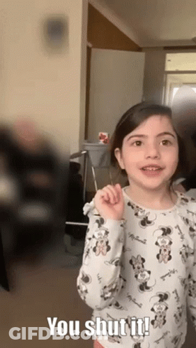 A Little Girl In A Minnie Mouse Shirt Says You Shut It . GIF