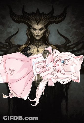 A Little Girl In A Pink Dress Is Being Held By A Demon With Horns GIF