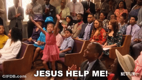 A Little Girl In A Pink Dress Is Dancing In A Church With The Words Jesus Help Me Written On The Bottom GIF