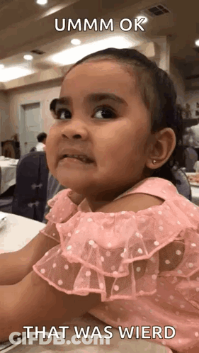 A Little Girl In A Pink Dress Is Sitting At A Table With A Caption That Says That Was Wierd . GIF