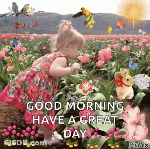 A Little Girl In A Pink Dress Is Standing In A Field Of Flowers With Butterflies And Birds . GIF