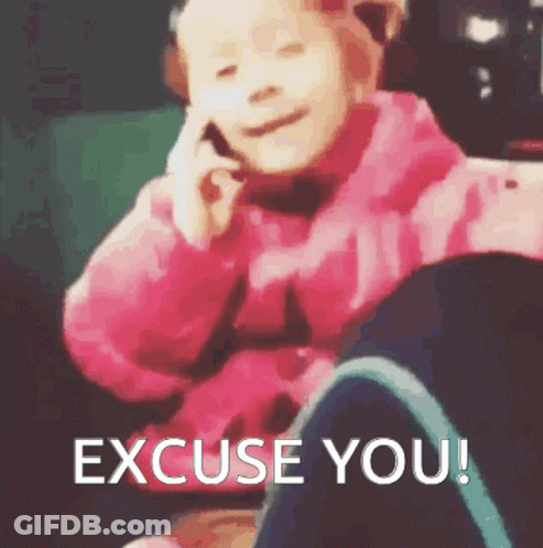 A Little Girl In A Pink Jacket Is Talking On A Cell Phone With The Words " Excuse You " Below Her GIF