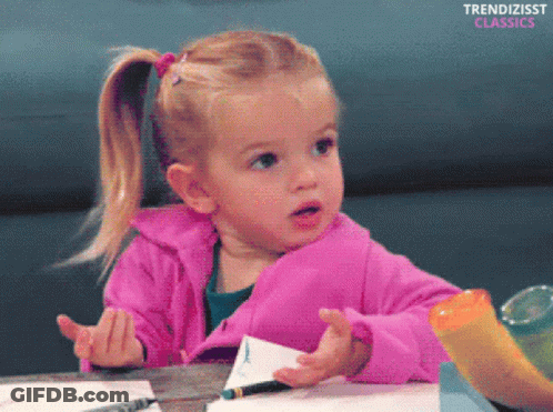 A Little Girl In A Pink Jacket Sits At A Table With The Words Trendizisst Classics Below Her GIF