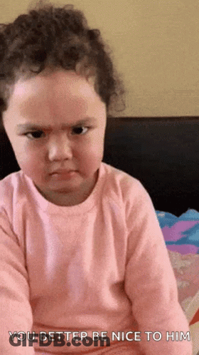 A Little Girl In A Pink Shirt Is Making A Funny Face And Says " You Better Be Nice To Him " GIF