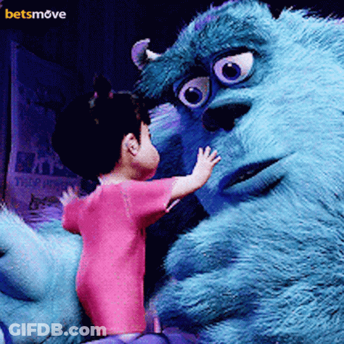 A Little Girl In A Pink Shirt Is Standing Next To A Monster From The Movie Monsters Inc. GIF