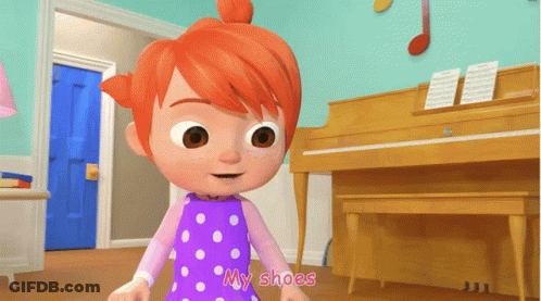 A Little Girl In A Polka Dot Dress Is Standing In Front Of A Piano And The Words " My Shoes " Are Above Her GIF