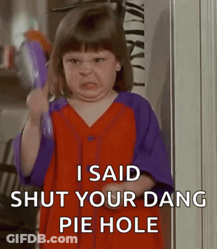 A Little Girl In A Red And Purple Dress Is Holding A Brush And Saying I Said Shut Your Dang Pie Hole GIF