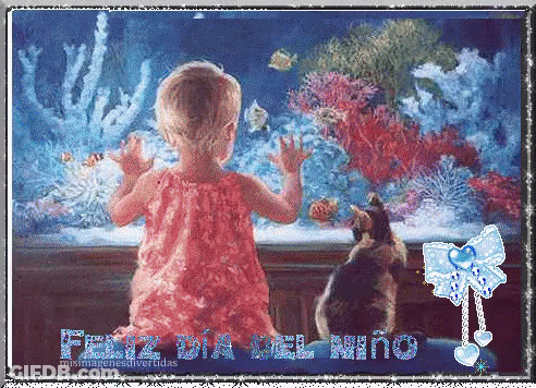 A Little Girl In A Red Dress Looks At Fish In An Aquarium With The Words Feliz Dia Del Niño Written On The Bottom GIF