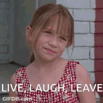 A Little Girl In A Red Dress With The Words Live Laugh Leave Below Her GIF
