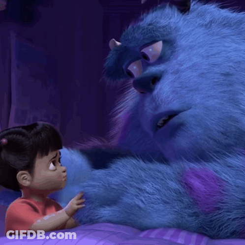 A Little Girl In A Red Shirt Is Touching A Blue Stuffed Animal GIF